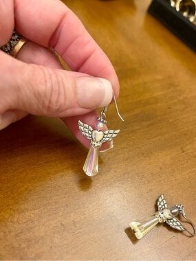 Silver Angel Wing Crystal Drop Earrings - Iridescent Pink